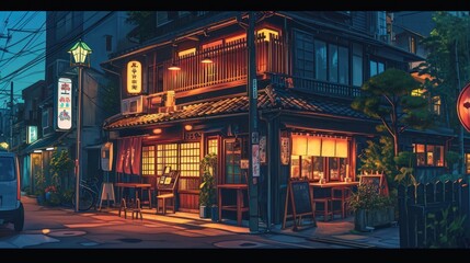 A beautiful Japanese Tokyo city ramen shop restaurant bar in the dark night evening, house on the street, anime cartoonish art style, cozy lo-fi Asian architecture.