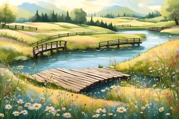 Poster - wooden bridge over the river