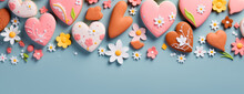 Banner With Homemade Colorful Heart Shaped Cookies With Easter Pattern