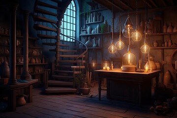 Witch wizard alchemical laboratory magic glow Ai Alchemist lab interior wooden furniture spiral staircase