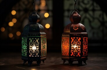 Wall Mural - Ramadan Kareem greeting card. Ramadan lanterns on wooden table with blurred background
