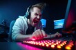 Streamer Angry computer gamer man yells breaks keyboard being defeated online video game