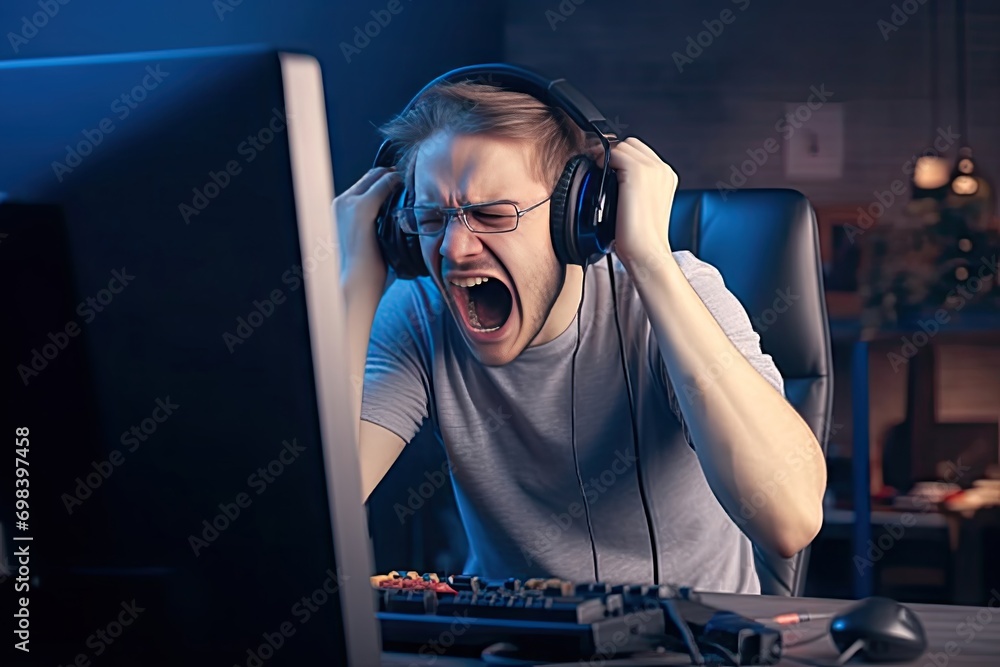 Guy Playing Computer Raging Streamer Angry computer gamer man yells being defeated online video ...
