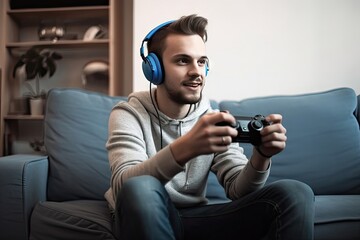 Young man playing video games home