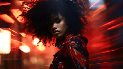 Wall Mural - A fashion model strikes a powerful pose in a dynamic red and black outfit, with a blurred urban background.