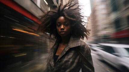 Wall Mural - A young woman in stylish urban clothing stands motion-blurred amidst the hustle of city life, her hair wild and free.