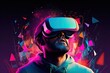 illustration, man virtual reality glasses looks up,