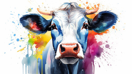 Wall Mural - watercolor portrait of a cow, spots of liquid paint isolated on a white background