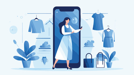Wall Mural - online shopping concept woman chooses buys products online mobile application store. vector illustra