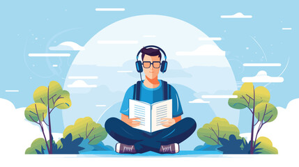  man listens voice books with headphones background books education elearning industry concept fantasy concept illustration. Vector illustration 