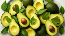 Fresh Avocado Halves, Separated On A White Background. Component Of A Product Label Or Catalog Print Design 