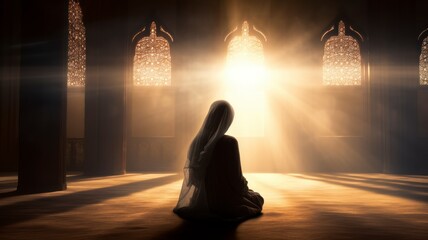 Islamic concept photo. Muslim Woman praying in the mosque and sunlight rays with haze in the morning. Ramadan or kandil or laylat al-qadr or kadir gecesi background photo. copyspace - generative ai