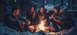 Friends enjoying warm bonfire in snowy winter night. Friendship and leisure.