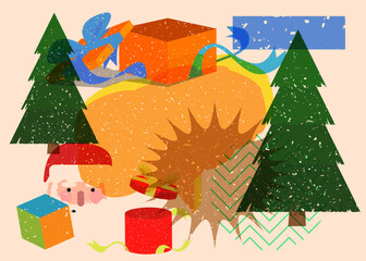 Risograph holiday, Christmas with speech bubble and geometric shapes. Pine Tree, Gift Box, Santa Claus Head, face with objects in trendy riso graph print texture style design with geometry elements.