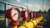 Fototapeta  - Red color pressure meter on yellow gas tank