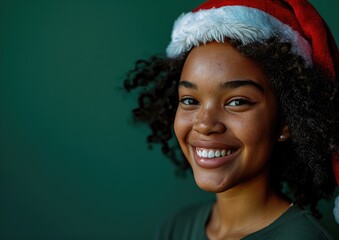 Happy African American girl wearing Santa hat in Christmas background