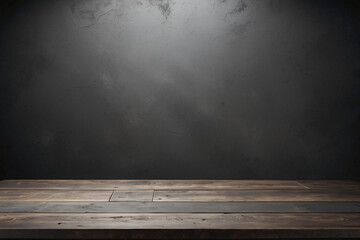 Empty dark wooden tabletop on old gray concrete plaster background