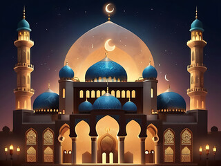 illustration of amazing architecture design of muslim mosque arabic lantern of ramadan celebration. ai generated