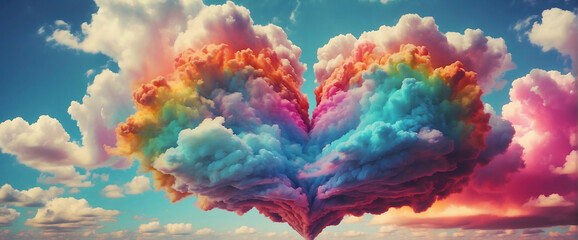 a vibrant and unique heart-shaped cloud, bursting with a rainbow of colors and radiating love in eve