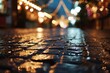 After the rain at the Christmas market: Glistening wet street stones under the night sky, adorned with enchanting bokeh lights in the background generative ai