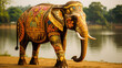 a beautiful large Indian elephant, decorated with multi-colored patterns, stands in the river, sacred animal, India, ornament, religious tradition, floral decor, paint, nature, trunk, ears, mammal
