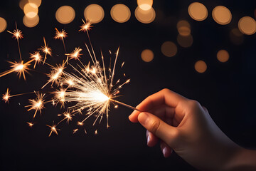 Hand holding a lit Sparkler exploding against a dark bokeh backdrop in the night, a celebration event party with a vintage and dark tone