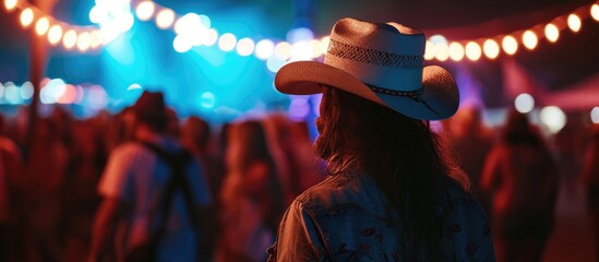 a fan of country music attends a concert in a cowboy hat.