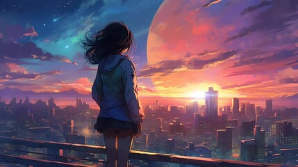 Wall Mural - anime style evening scene with school girls looking at the beautiful moon. seamless looping time-lapse virtual video Animation Background.