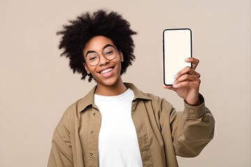 happy african american teen student holding mobile cell phone pointing finger smartphone mock big screen template presenting application using cellphone showing ad isolated beige background