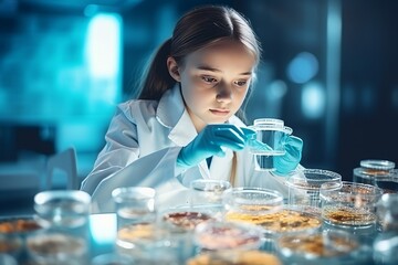 Wall Mural - Young female researcher carrying out scientific research in a lab (color toned image; shallow DOF)