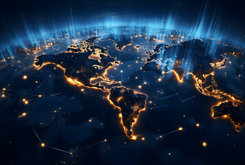 Global worldwide network connection and data connections concept. A world map with a blue light connected to it, gold and navy, global influences. Communication technology for internet.