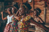 Fototapeta  - Group of young black african beauty women in their forties participating in an energetic dance workshop, embracing the rhythm and camaraderie of a lively salsa session generative ai