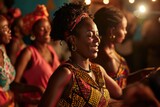 Fototapeta  - Group of young black african beauty women in their forties participating in an energetic dance workshop, embracing the rhythm and camaraderie of a lively salsa session generative ai