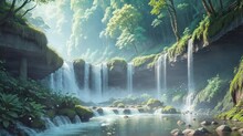 A Waterfall In The River Stream Inside Tropical Forest Looping Animation Background