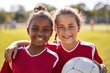 © sandra - portrait girls field sports soccer player smiling teammate soccer ball football young kids having fun summer day match game team friends teamwork sport