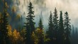 the land of pine trees, rain forest, mist, autumn fog, white spruce, tree wallpaper, dark yellow and dark emerald, intricate landscape. generative AI