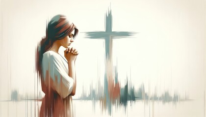 Sticker - Illustration of a woman praying in front of a cross