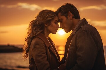 Side view of romantic couple looking at each other on beach at sunset