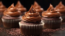 Sweet Snack Dark Chocolate Cupcakes With Chocolate Ganache Frosting On Dark Background. AI Generated