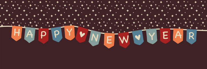 Sticker - Happy New Year - Schriftzug in englischer Sprache - Frohes neues Jahr. Grußbanner mit bunter Wimpelkette und Sternenhimmel.