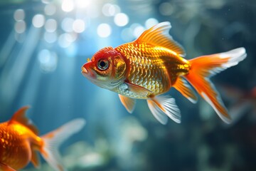 ively goldfish pair gracefully swimming in a serene, azure aquatic habitat, creating a captivating freshwater aquarium scene, autofocus, cinematic photography generative ai