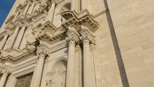 Close Up, Camera Moves Upwards Along Facade Of The Cathedral Of Saint Mary Of Girona, Spain