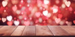 Wooden tabletop and blurred background with beautiful bokeh as hearts for displaying or mounting your products for Happy Valentines Day