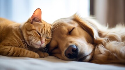 Cat and dog sleeping together. Kitten and golden retriever taking nap. Home pets. Animal care. Love and friendship. Domestic animals.