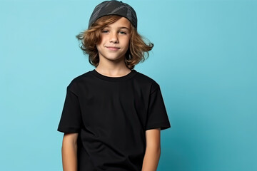 Wall Mural - Cute boy in black t-shirt and cap. Kids t-shirt mockup.