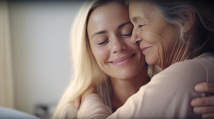 Wall Mural - Happy senior woman enjoying in daughter's affection on Mother's day.