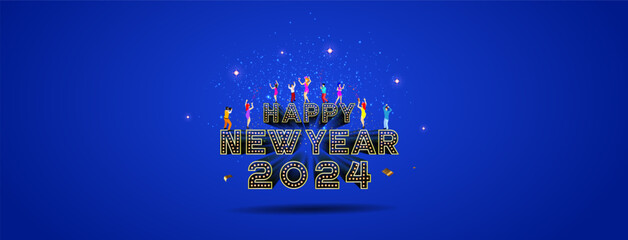 Sticker - New year 2024 end of year. Vector illustration of trendy, modern, fun, retro, neon, light, party and welcome celebration background.