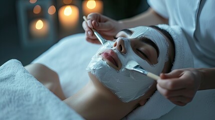  a woman getting a facial mask on her face with a spoon in front of her face and a candle lite in the back of the room in the background.