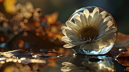 Sticker -  a close up of a flower in a glass vase on a surface with a reflection of leaves and drops of water on the surface and on the bottom of the glass.