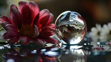  a red flower sitting on top of a table next to a glass ball with a reflection of it on top of a reflective surface next to a red and white flower.